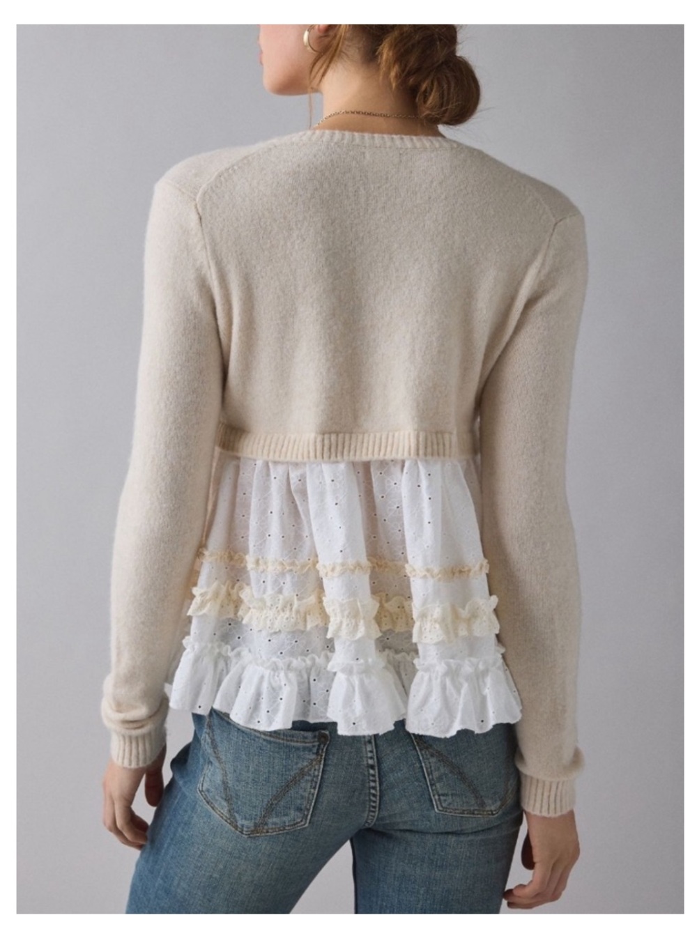 🟤NWT KIMCHI BLUE Monical Mixed Media Ruffle Peplum Cardigan in Antique White XS - Picture 5 of 5